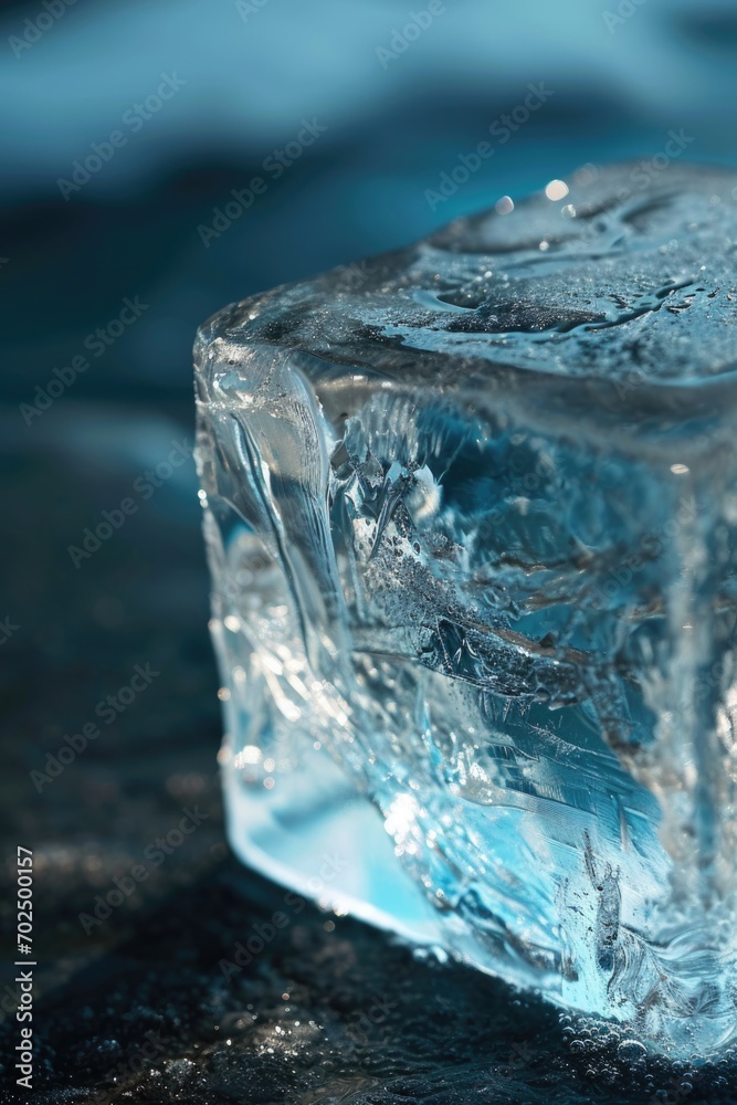 Poster a piece of ice sitting on top of a table. can be used for illustrating concepts such as coldness, re