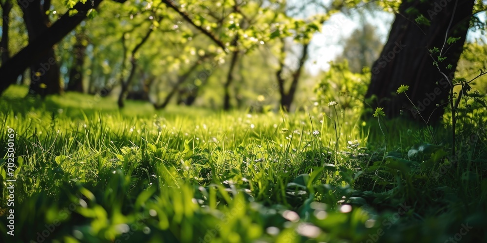 Poster a picturesque field of grass with a backdrop of trees. perfect for nature and landscape enthusiasts