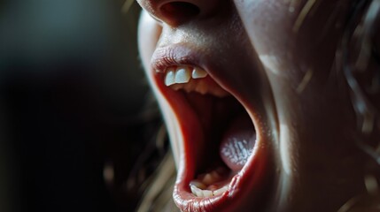 Close up of a woman's mouth with her mouth open. Perfect for dental care, oral health, or speech therapy concepts - obrazy, fototapety, plakaty