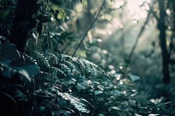 Sunlight beams through the dense foliage of a jungle, creating a mesmerizing display of light and shadows. Perfect for nature and adventure-themed projects
