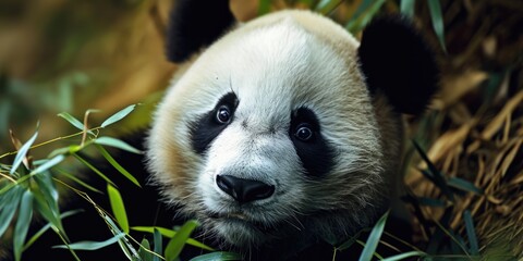 A close-up photograph of a panda bear in the grass. This image can be used to illustrate wildlife,...