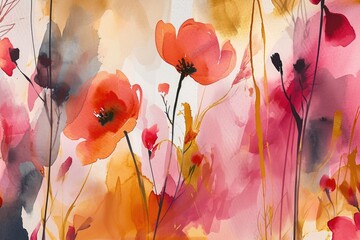 A vibrant painting depicting a field filled with beautiful red flowers. Perfect for adding a touch of color and nature to any space