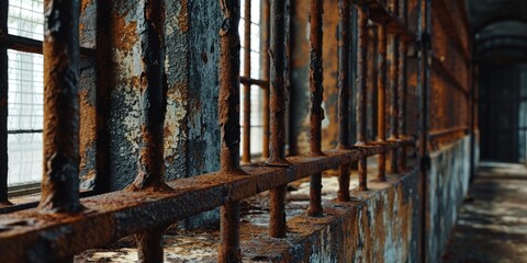 A picture of a rusted iron fence in an abandoned building. This image can be used to depict the decay and neglect of urban environments