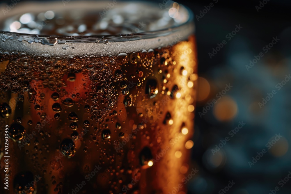 Poster a detailed close-up view of a glass filled with beer. ideal for use in food and beverage related pro