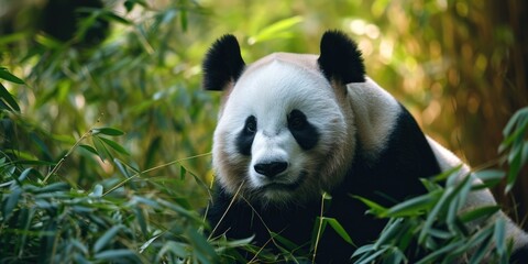 A picture of a panda bear walking through a beautiful, vibrant green forest. Perfect for nature and wildlife enthusiasts