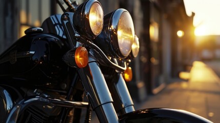 A detailed view of a motorcycle parked on a bustling city street. This image can be used to...
