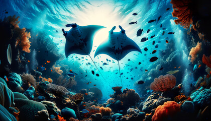 Fototapeta na wymiar Manta ray swims over a colorful reef. Mantas are amongst the largest fish in the ocean with a wing span of up to 7 meters and weighing up to two tonnes