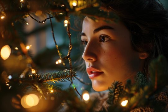 A woman gazes up at a beautifully decorated Christmas tree. This image can be used to capture the joy and wonder of the holiday season