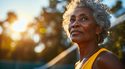 Golden Years Glow: Reflective Senior Woman Embracing Sunset Light. Mature active senior elderly black african american female playing tennis for fitness life longevity leisure 