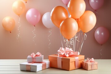Gifts in trendy Peach Fuzz colors. Background with selective focus and copy space