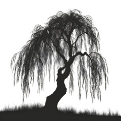 Black and white tree silhouette on transparent background, PNG