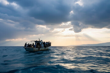 Refugees cross the border by boat. Backdrop with selective focus and copy space