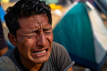 Dramatic portrait of a refugee man. Backdrop with selective focus and copy space