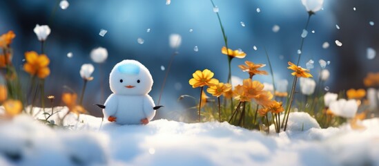 Snowy clearing with tiny snowman and spring flowers.