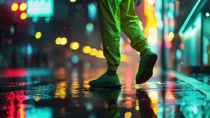 Neon Nights Take your evening jog to the next level with this sleek and stylish neon green tracksuit and shoes, perfect for evening workouts or casual night outs. - obrazy, fototapety, plakaty