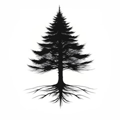 Black and white tree silhouette on transparent background, PNG