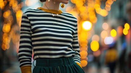 Mix and match classic color combinations with a twist in this color blocked look, featuring a black and white striped sweater paired with forest green trousers and mustard yellow statement