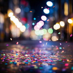 Colorful confetti falls in front of colorful lights bokeh background street party scene, carnival celebration, party, new years, mardi gras, holiday concepts -- no people. - obrazy, fototapety, plakaty