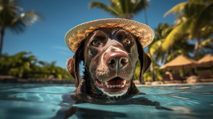 Predivan pas u trenutku zadovoljstva i relaksacije i rashlađivanja u bazenu od jakog tropskog sunca - obrazy, fototapety, plakaty