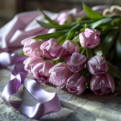 purple color tulip bouquet with classic purple ribbon