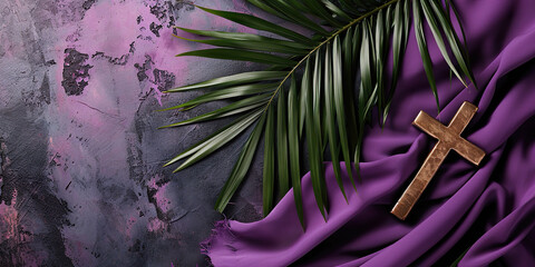 Palm leaf with purple cloth on stone, Palm Sunday
 - obrazy, fototapety, plakaty