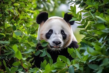 Stunning Image of a Serene Panda Amidst Lush Greenery, Offers Ample Space for Text