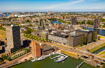 Bird's eye view of of Delfshaven, borough of Rotterdam, province of South Holland, Netherlands.