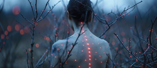Back of a person with red dots on spine.