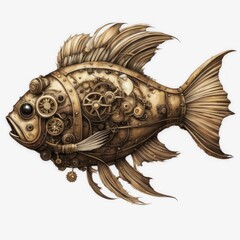 Mechanical steampunk fish on a white background.