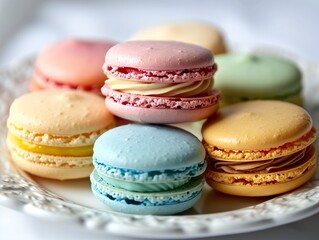 Fototapeta premium Colorful macarons on white plate on white background