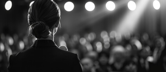 Female speaker presenting at a corporate conference on business and entrepreneurship, with audience in conference hall. Monochrome image.