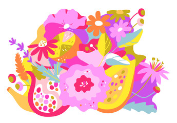 Flowers and fruits composition on a white background . Vector EPS + JPEG + Transparent PNG