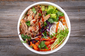 Pulled pork loaded ramen bowl dish