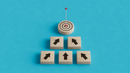 Financial goals and business growth success achievement concept, arranging wooden block with arrows direction to the target for planning development leadership and customer target group concept. - obrazy, fototapety, plakaty