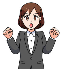 ガッツポーズのスーツの女性