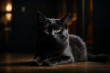A sleek black cat sits in the shadows, its fur glistening in the dim light, creating a striking contrast against the dark background.