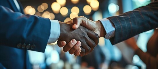 Multicultural businessmen shaking hands during contract signing at workplace (cropped shot).