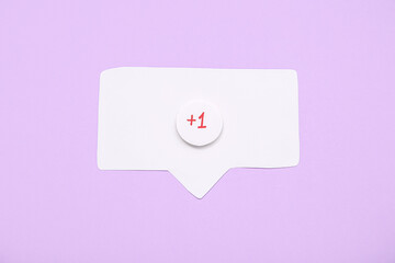 Speech bubble with +1 icon on lilac background. New message