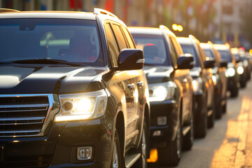 A line of black cars parked, headlights, aligned on a street, sun