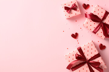 Happy Valentine's Day concept. Flat lay composition with festive gift boxes and hearts on pastel pink background.