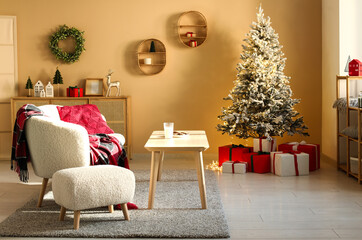 Stylish interior of modern living room with Christmas tree