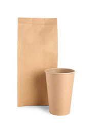 Takeaway paper cup and bag on white background
