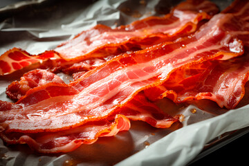 Uncooked bacon is arranged on a baking sheet lined with parchment paper, ready for preparation and cooking.
