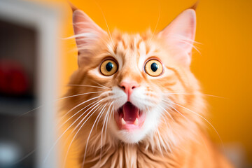 Surprised face of a ginger cat with an open mouth. A beautiful cat