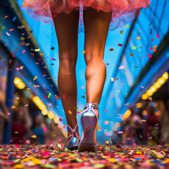 Low angle view woman's long legs in glittery shoes red dress walk toward street party lights and...