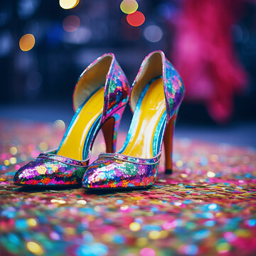 Colorful glittery high heel shoes on street with party lights and confetti party, celebration, new years, carnival, mardi gras concepts with defocused bokeh background. Great colors, festive vibrant