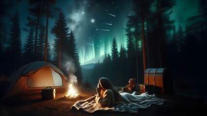 Woman Camping Under the Stars