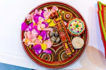 Obraz na płótnie Canvas Indian Hindu wedding pooja ceremony ritual items close up
