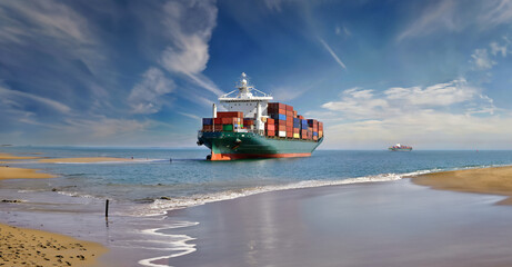 Container ship run aground on sand bar.