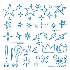 Hand drawn doodle stars, crown, sparkles, crowns, stars, ribbons and other vector elements.